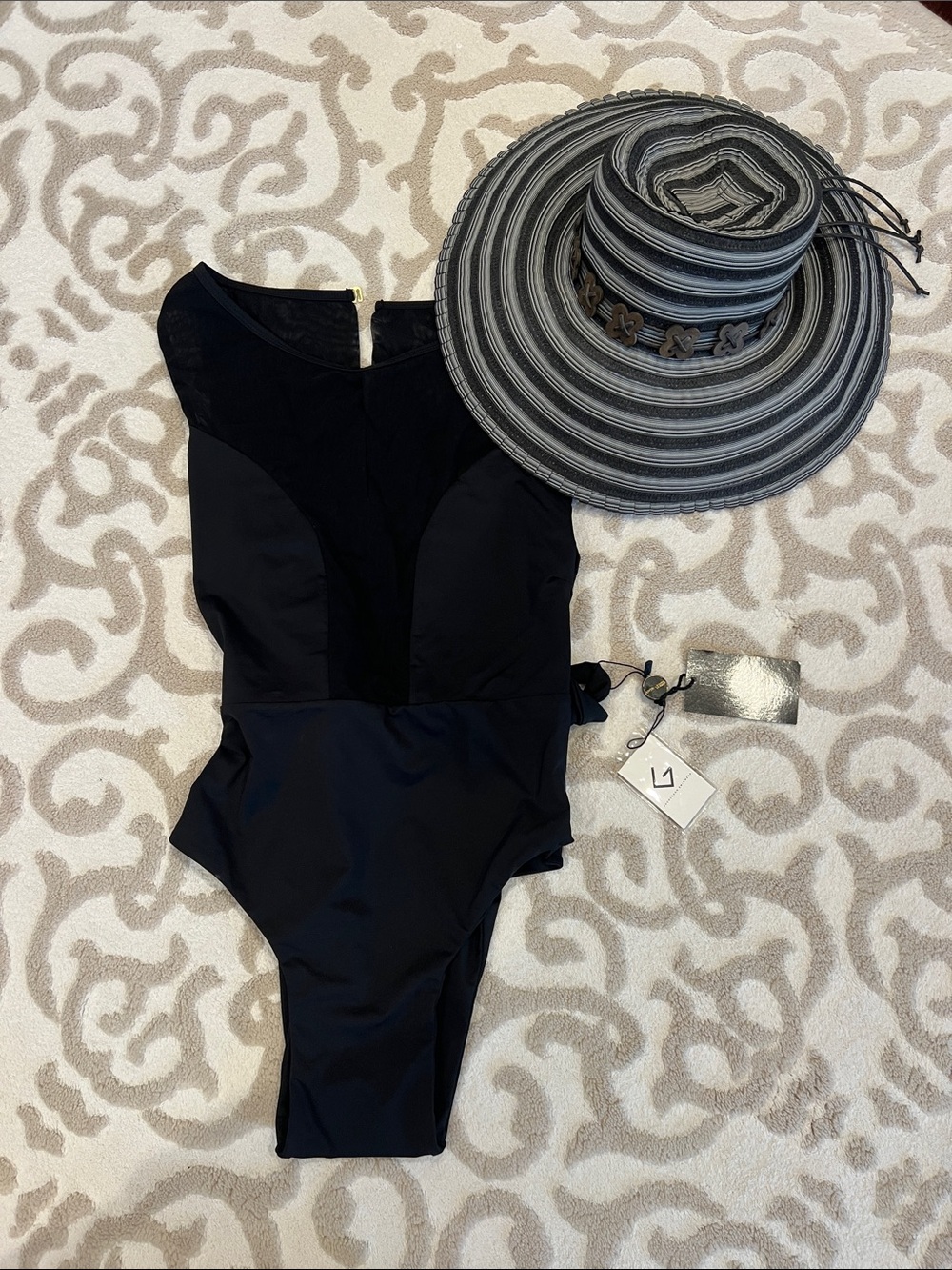 Black / Sheer accent swimsuit with hat new with tags